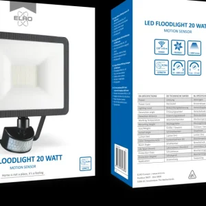 Floodlight*ELRO Design Led Buitenlamp Met Bewegingssensor - 20W – 1600Lm – Ip54 Waterdicht - Zwart (Lf60-20-P-B)